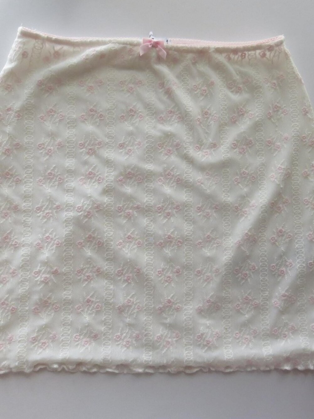 White Pink White Mesh Mini Skirt, Lettuce Edge Hem, Floral Lace, Ditsy Rose, Bow